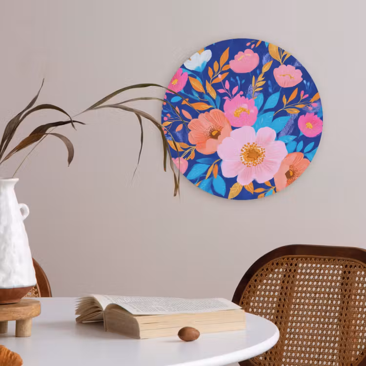Bloemen - Blauw - Roze Akoestische PET Vilt - Rond klein -sfeer3