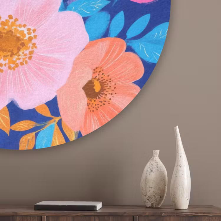 Bloemen - Blauw - Roze Akoestische PET Vilt - Rond klein -sfeer5_closeup