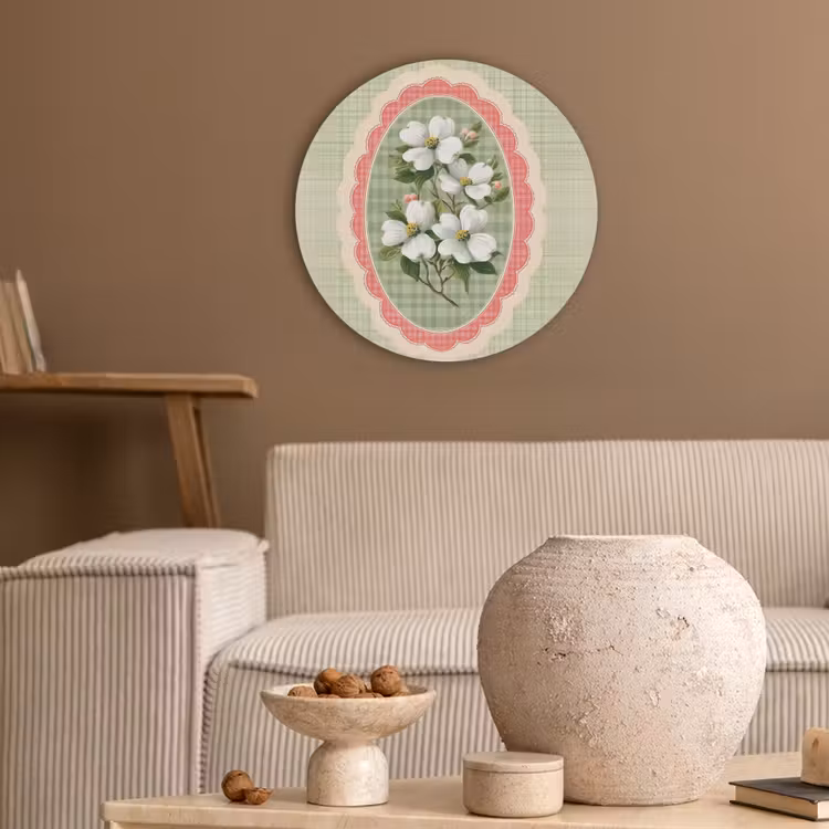 Bloemen - Illustratie - Geruit - Groen Akoestische PET Vilt - Rond klein -sfeer1