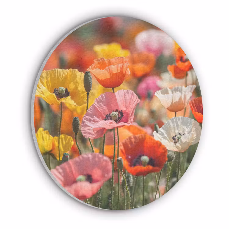 Bloemenveld - Klaprozen - Kleurrijk Akoestische PET Vilt - Rond klein -3d