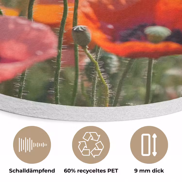 Bloemenveld - Klaprozen - Kleurrijk Akoestische PET Vilt - Rond klein -closeup_DE