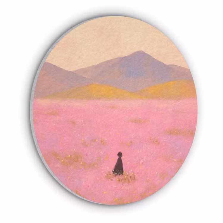 Bloemenweide - Heuvels - Silhouet - Roze Akoestische PET Vilt - Rond klein -3d