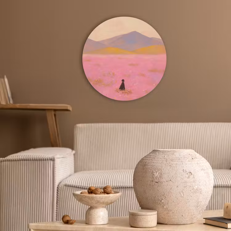 Bloemenweide - Heuvels - Silhouet - Roze Akoestische PET Vilt - Rond klein -sfeer1