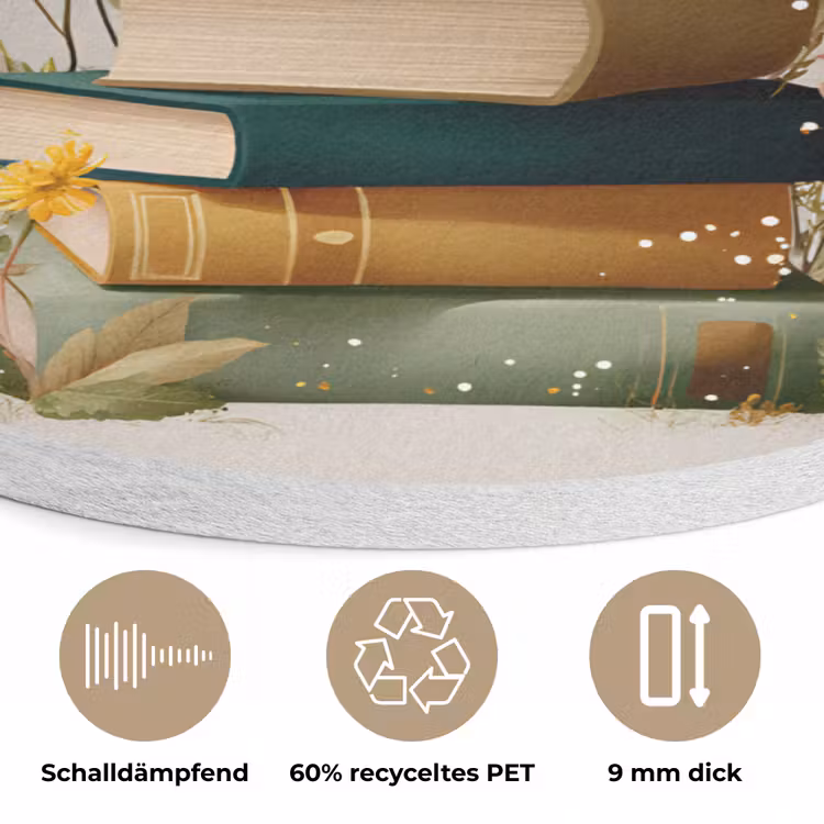 Boeken - Stapel - Bloemen - Kleurrijk Akoestische PET Vilt - Rond klein -closeup_DE