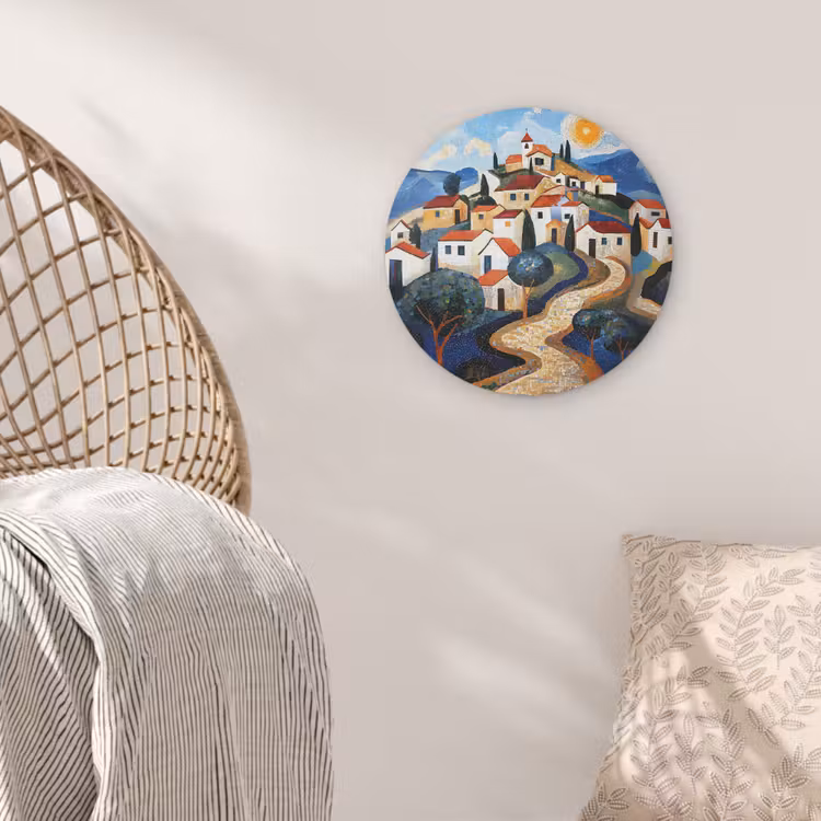 Dorp - Heuvelachtig - Zon - Mozaïek Akoestische PET Vilt - Rond klein -sfeer4