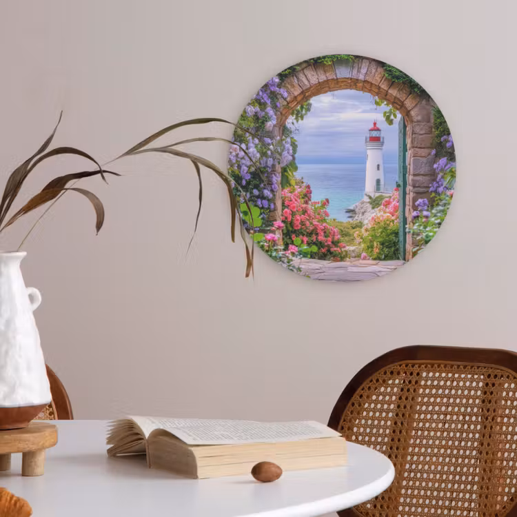 Doorkijk - Vuurtoren - Bloemen - Uitzicht Akoestische PET Vilt - Rond klein -sfeer3