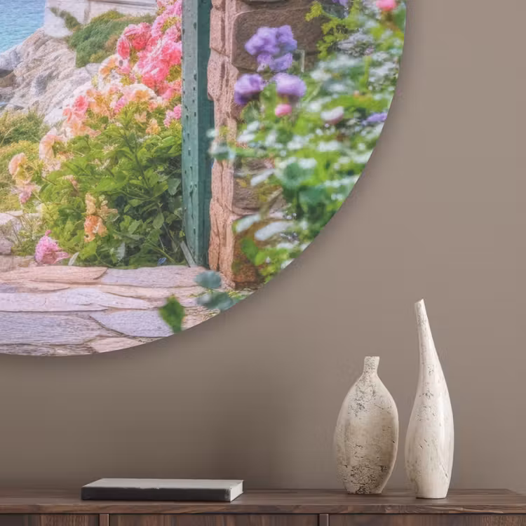Doorkijk - Vuurtoren - Bloemen - Uitzicht Akoestische PET Vilt - Rond klein -sfeer5_closeup