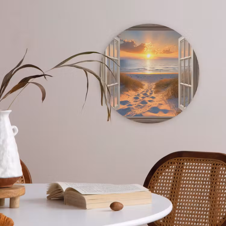 Doorkijk - Strand - Duinen - Zonsondergang Akoestische PET Vilt - Rond klein -sfeer3