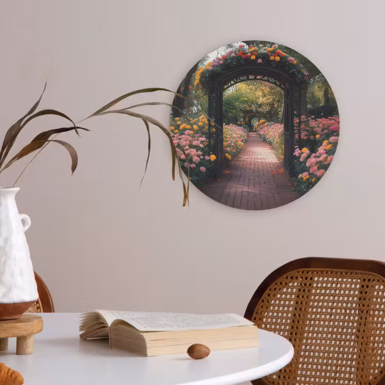 Doorkijk - Bloemen - Pad - Natuur - Kleurrijk Akoestische PET Vilt - Rond klein -sfeer3