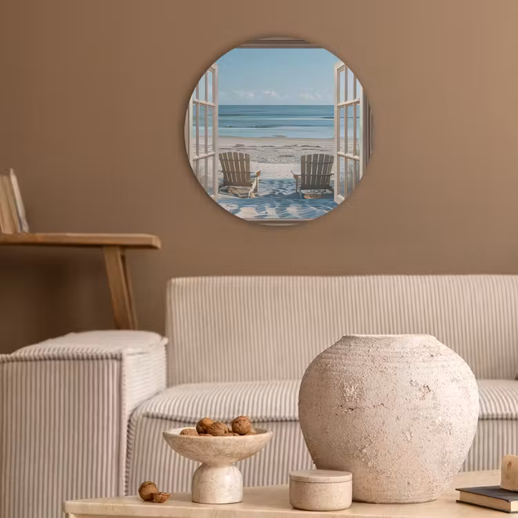 Doorkijk - Strandstoelen - Duinen - Zee - Natuur Akoestische PET Vilt - Rond klein -sfeer1