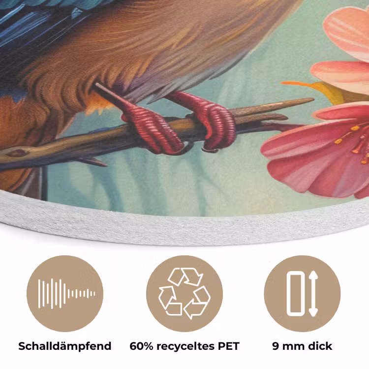 IJsvogel - Bloesem - Natuur - Vogels - Bloemen Akoestische PET Vilt - Rond klein -closeup_DE