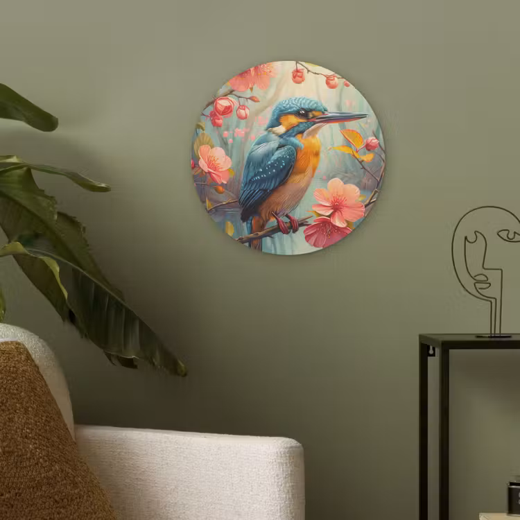 IJsvogel - Bloesem - Natuur - Vogels - Bloemen Akoestische PET Vilt - Rond klein -sfeer2