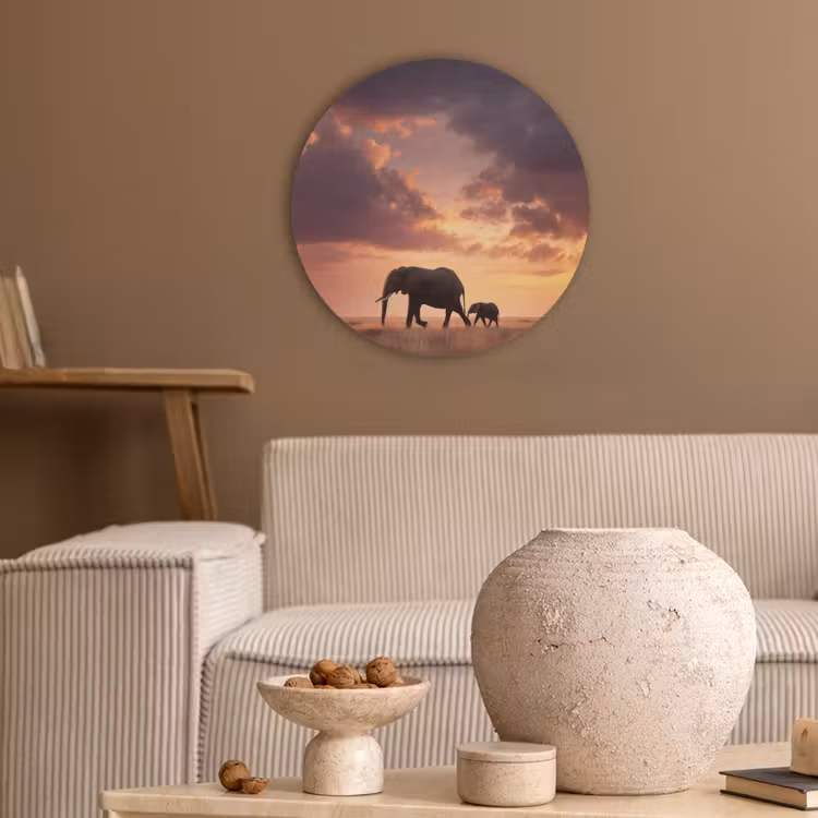 Olifanten - Grasland - Zonsondergang Akoestische PET Vilt - Rond klein -sfeer1