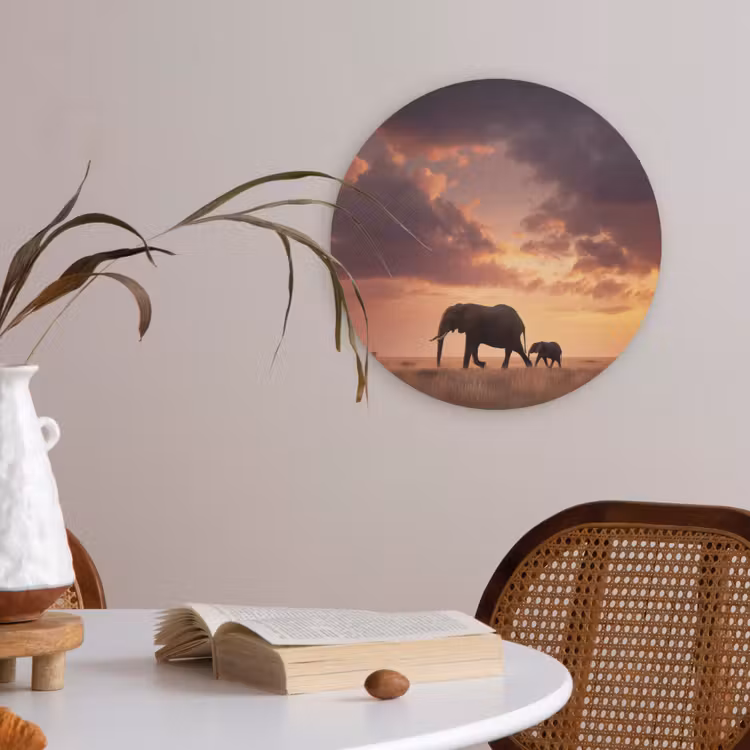 Olifanten - Grasland - Zonsondergang Akoestische PET Vilt - Rond klein -sfeer3