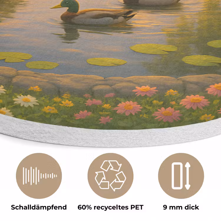 Eenden - Vijver - Bloemen Akoestische PET Vilt - Rond klein -closeup_DE