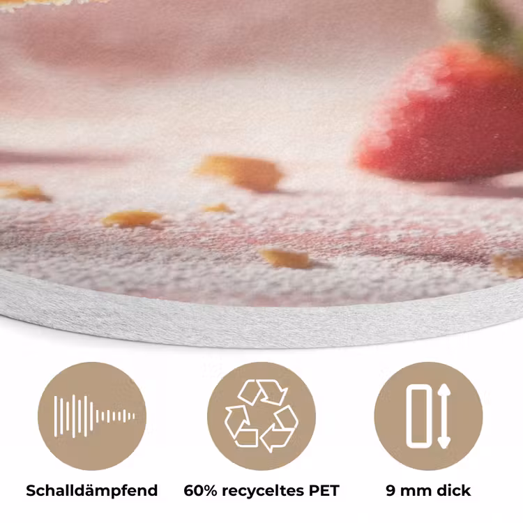 Aardbei - Taart- Eten - Roze Akoestische PET Vilt - Rond klein -closeup_DE