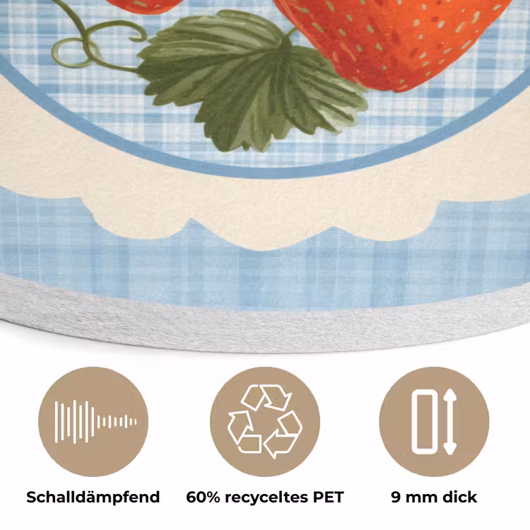 Aardbeien - Lijst - Rood - Geruit Akoestische PET Vilt - Rond klein -closeup_DE