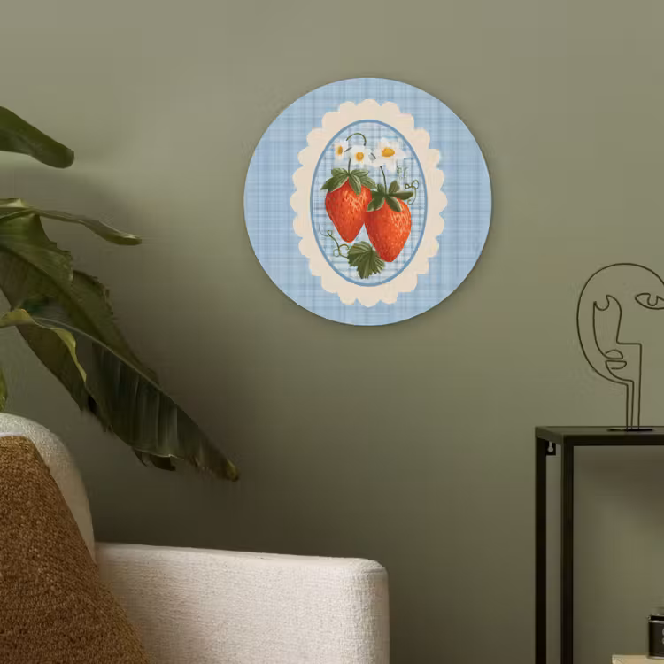 Aardbeien - Lijst - Rood - Geruit Akoestische PET Vilt - Rond klein -sfeer2