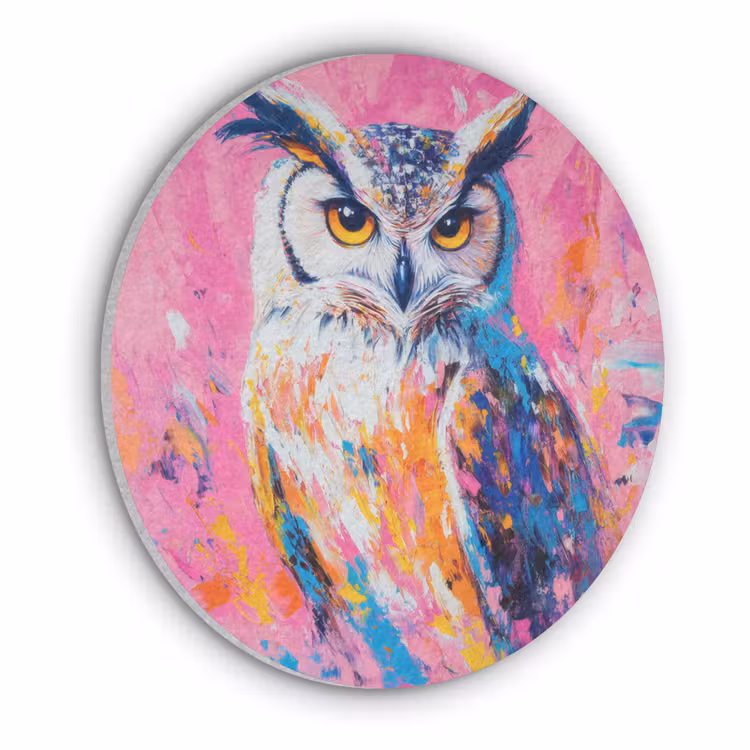 Uil - Roze - Blauw - Verf - Abstract Akoestische PET Vilt - Rond klein -3d
