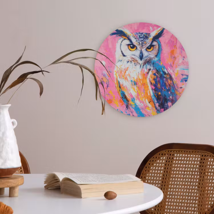 Uil - Roze - Blauw - Verf - Abstract Akoestische PET Vilt - Rond klein -sfeer3