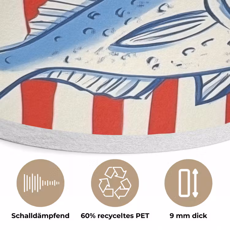 Vissen - Verticale strepen - Blauw - Rood Akoestische PET Vilt - Rond klein -closeup_DE