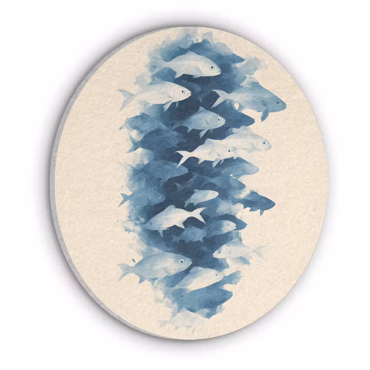 Vissen - Minimalistisch - Blauw Akoestische PET Vilt - Rond klein -3d