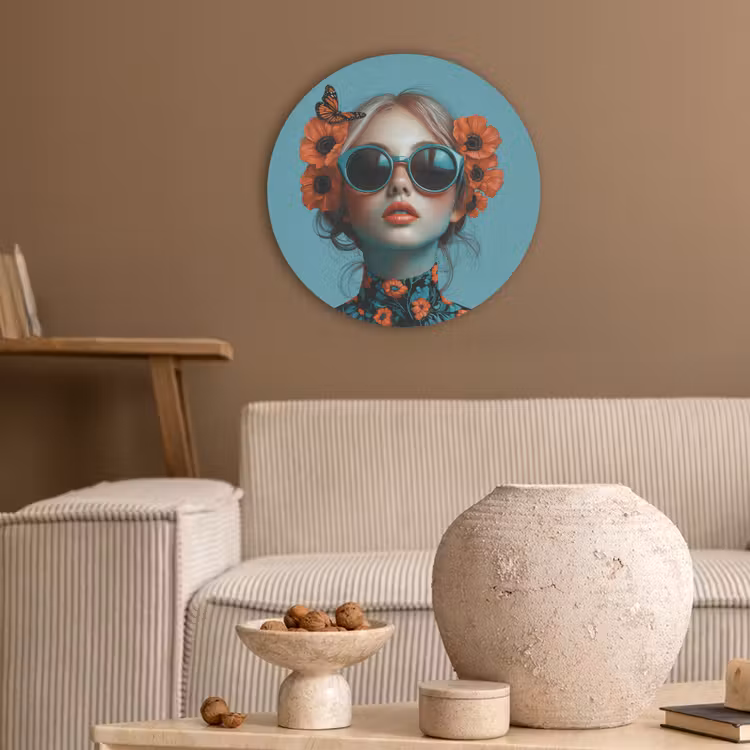 Vrouw - Blauw - Vlinder - Bloemen - Aesthetic Akoestische PET Vilt - Rond klein -sfeer1
