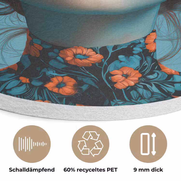 Vrouw - Blauw - Vlinder - Bloemen - Aesthetic Akoestische PET Vilt - Rond klein -closeup_DE
