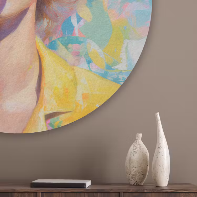 Vrouw - Blond - Roze kauwgom - Kleurrijk - Pastel Akoestische PET Vilt - Rond klein -sfeer5_closeup