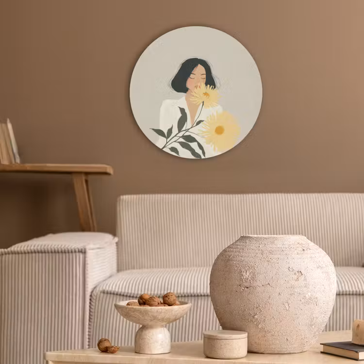 Vrouw - Bloem - Geel - Minimalistisch Akoestische PET Vilt - Rond klein -sfeer1