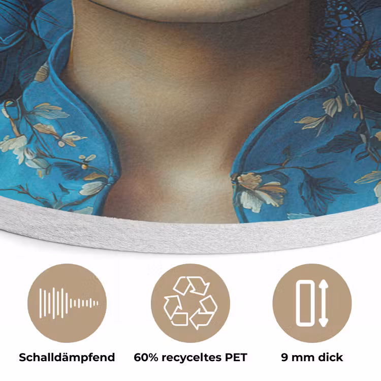 Vrouw - Bloemen - Blauw - Aesthetic - Luxe Akoestische PET Vilt - Rond klein -closeup_DE