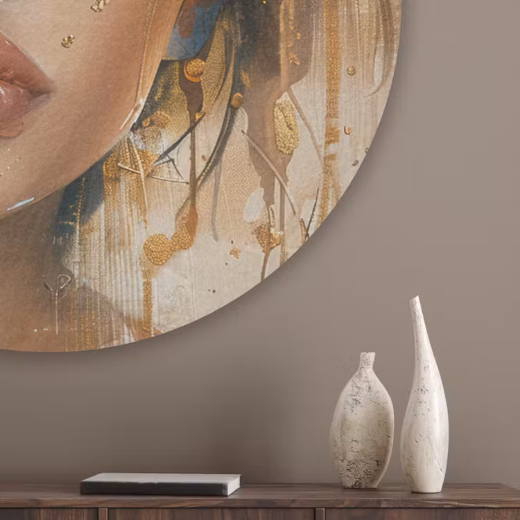 Vrouw - Bloemen - Goud - Portret Akoestische PET Vilt - Rond klein -sfeer5_closeup