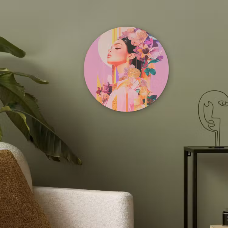 Vrouw - Bloemen - Paars - Abstract Akoestische PET Vilt - Rond klein -sfeer2