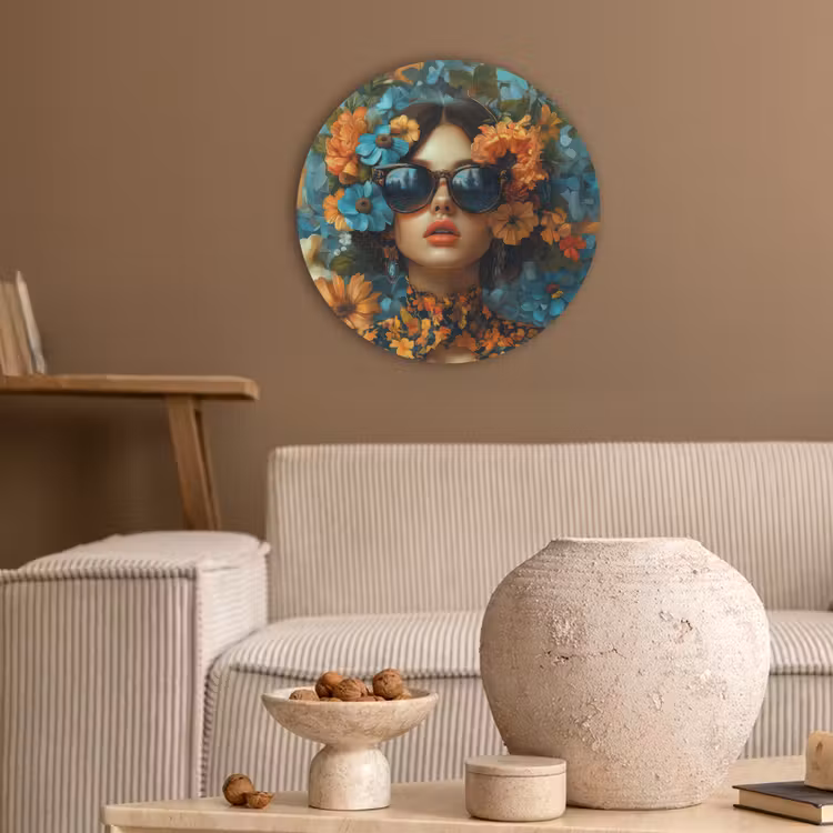 Vrouw - Bloemen - Oranje - Blauw - Modern Akoestische PET Vilt - Rond klein -sfeer1
