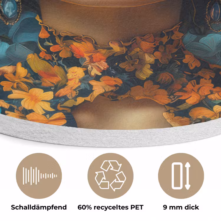 Vrouw - Bloemen - Oranje - Blauw - Modern Akoestische PET Vilt - Rond klein -closeup_DE