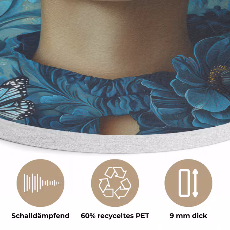 Vrouw - Bloemen - Vlinders - Blauw - Abstract Akoestische PET Vilt - Rond klein -closeup_DE