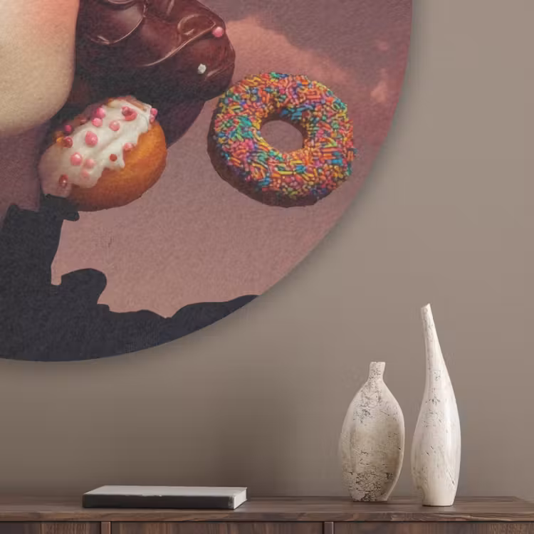 Vrouw - Donuts - Kleurrijk Akoestische PET Vilt - Rond klein -sfeer5_closeup