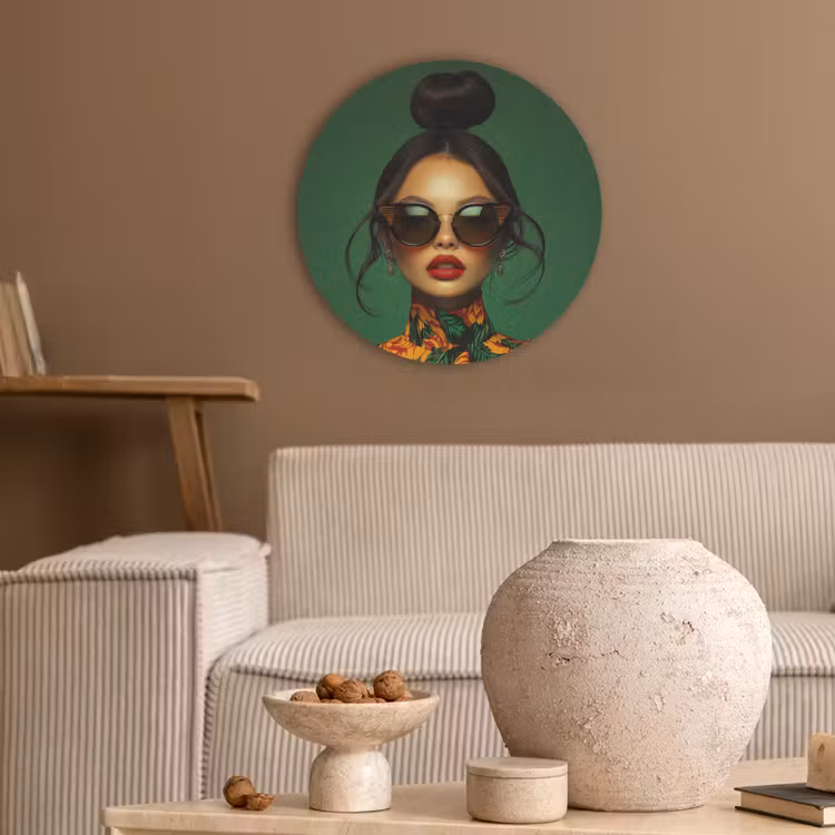 Vrouw - Groen - Modern - Bril - Abstract Akoestische PET Vilt - Rond klein -sfeer1