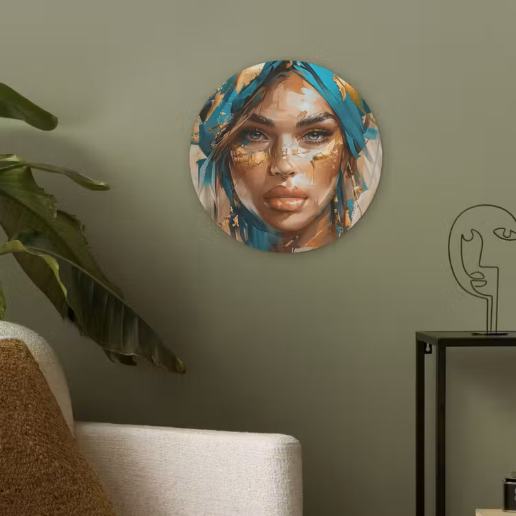 Vrouw - Portret - Goud - Luxe - Blauw Akoestische PET Vilt - Rond klein -sfeer2