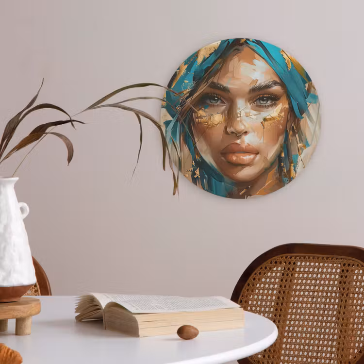 Vrouw - Portret - Goud - Luxe - Blauw Akoestische PET Vilt - Rond klein -sfeer3