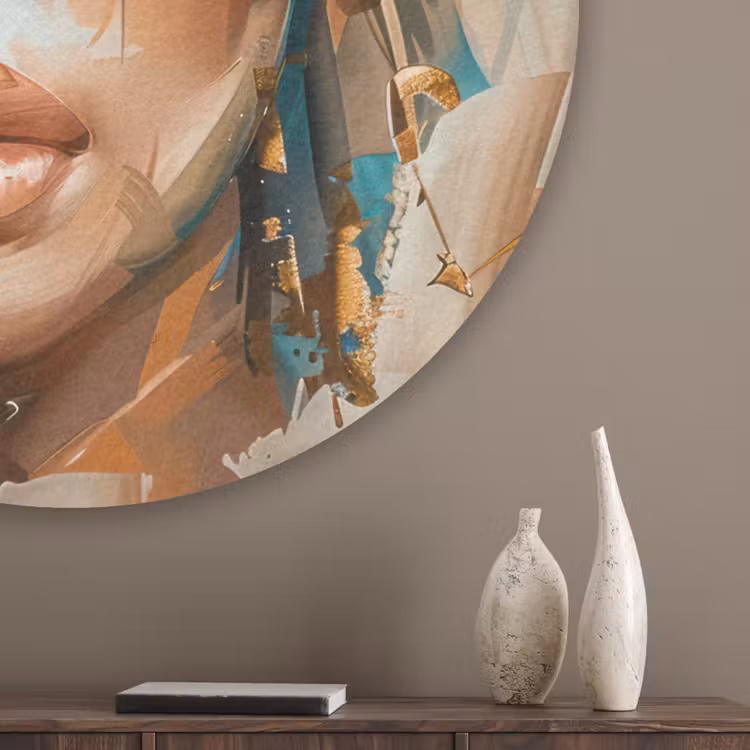 Vrouw - Portret - Goud - Luxe - Blauw Akoestische PET Vilt - Rond klein -sfeer5_closeup