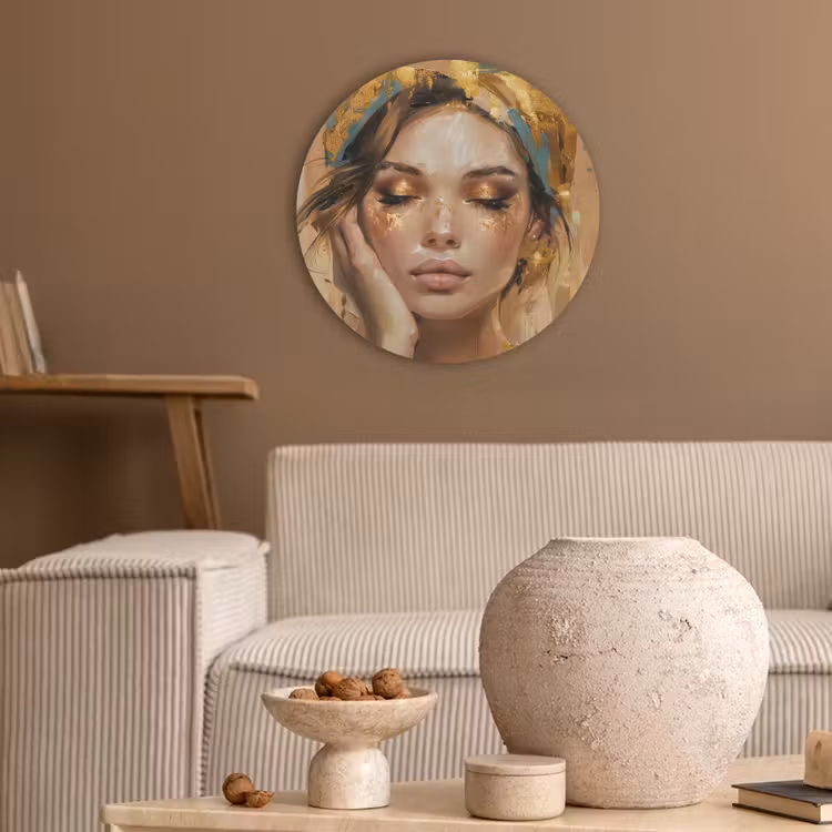 Vrouwen - Portret - Luxe - Goud Akoestische PET Vilt - Rond klein -sfeer1