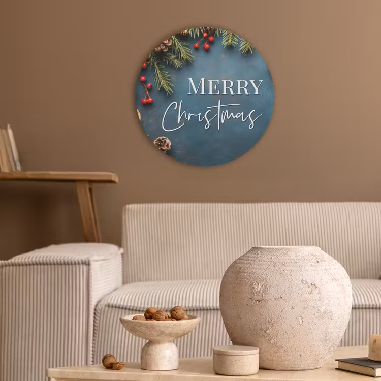 Merry Christmas - Blauw - Kerst - Winter Akoestische PET Vilt - Rond klein -sfeer1