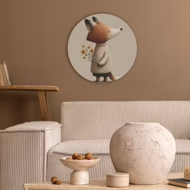 Vos - Gele bloemen - Minimalistisch Akoestische PET Vilt - Rond klein -sfeer1
