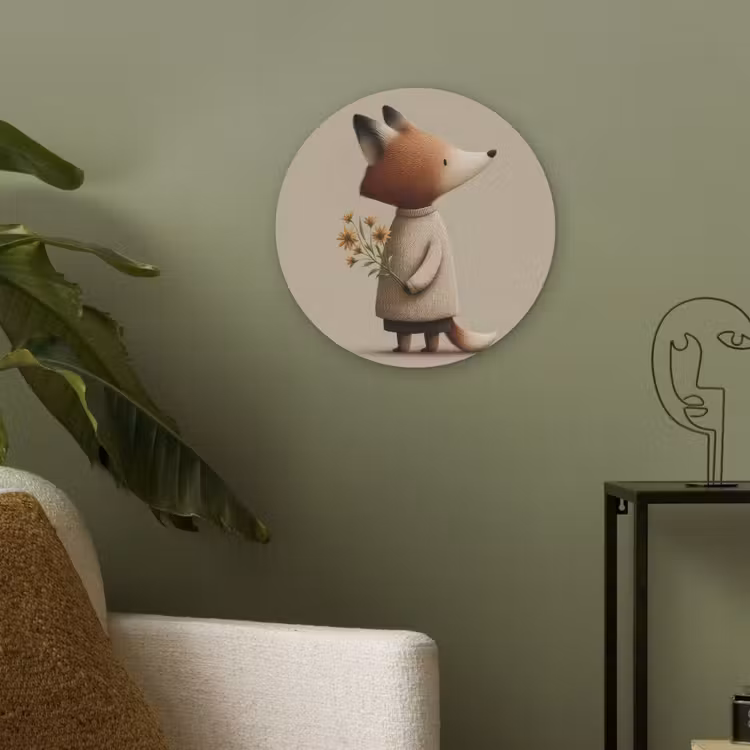 Vos - Gele bloemen - Minimalistisch Akoestische PET Vilt - Rond klein -sfeer2