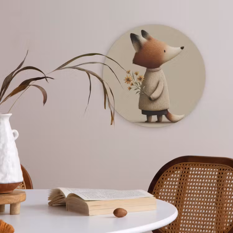 Vos - Gele bloemen - Minimalistisch Akoestische PET Vilt - Rond klein -sfeer3