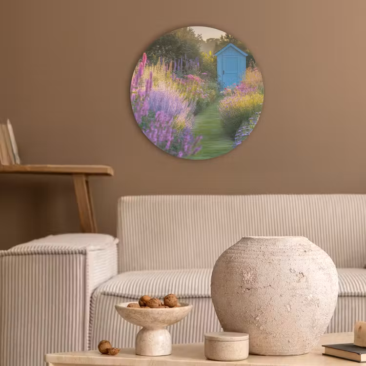 Tuinhuisje - Blauw - Bloemen Akoestische PET Vilt - Rond klein -sfeer1