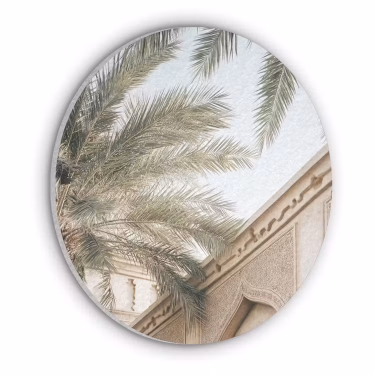 Gebouw - Palmbomen - Beige - Zon Akoestische PET Vilt - Rond klein -3d