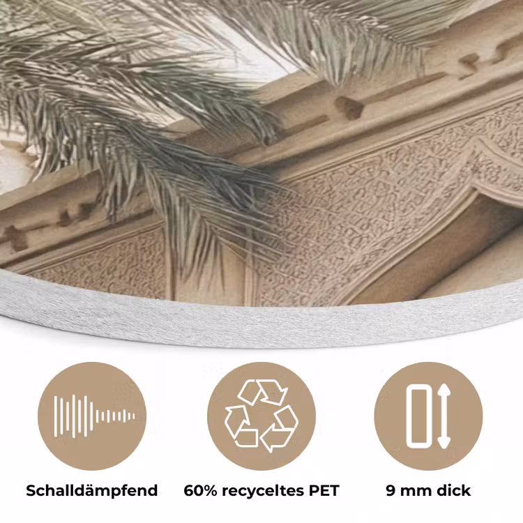 Gebouw - Palmbomen - Beige - Zon Akoestische PET Vilt - Rond klein -closeup_DE