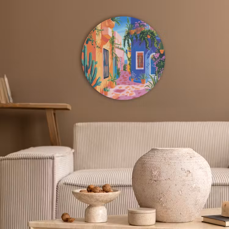 Geel - Blauw - Oranje - Huis Akoestische PET Vilt - Rond klein -sfeer1